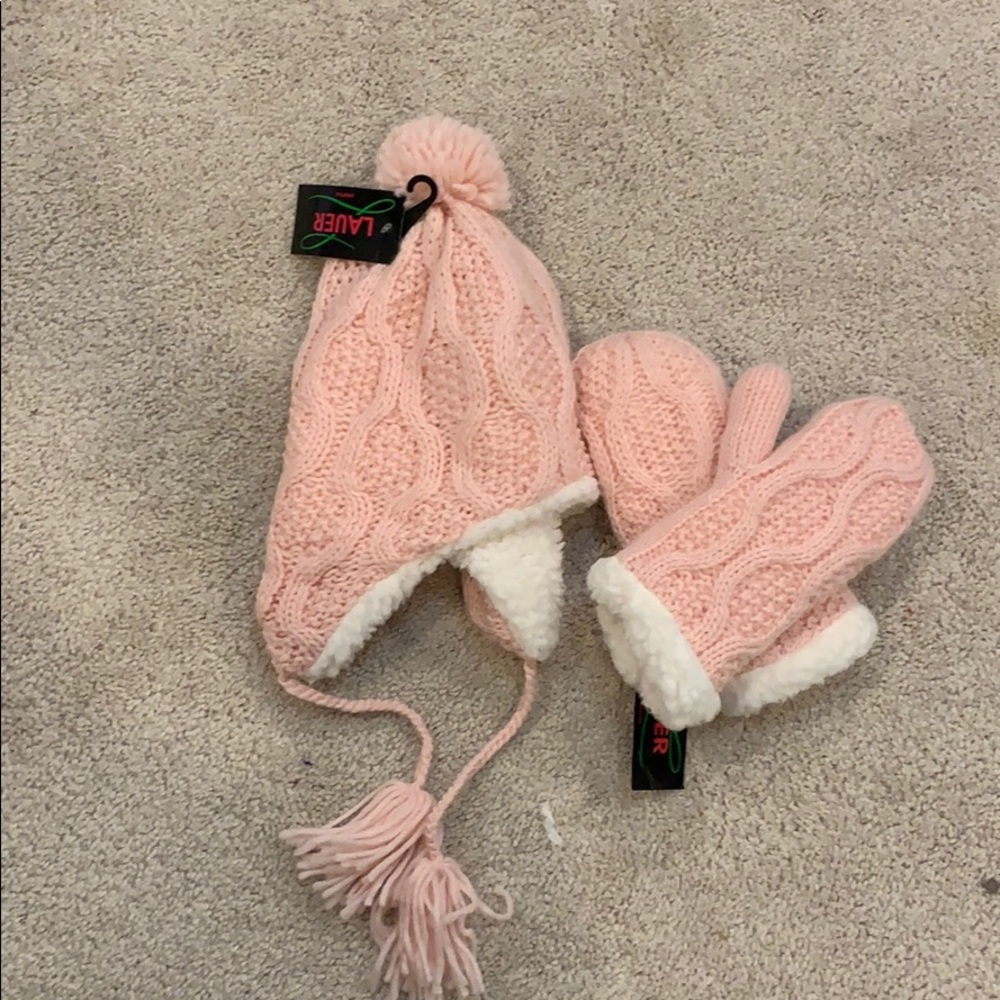 Pink and white Sherpa lined hat and mitten set